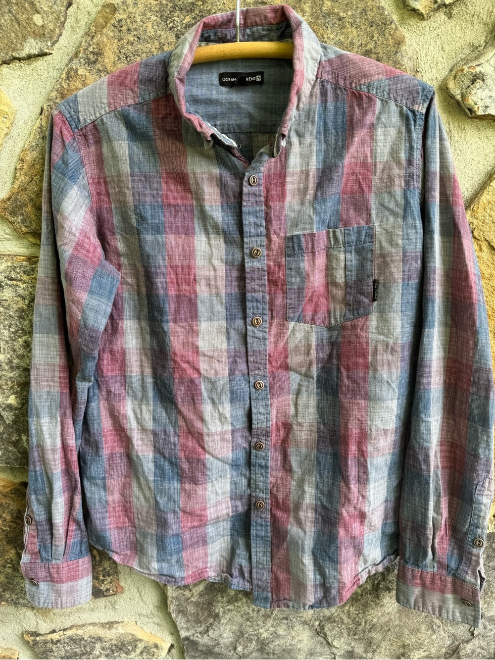 Ocean Current Plaid Button-Down Shirt in Blue & Red 100% Cotton Small Gorpcore